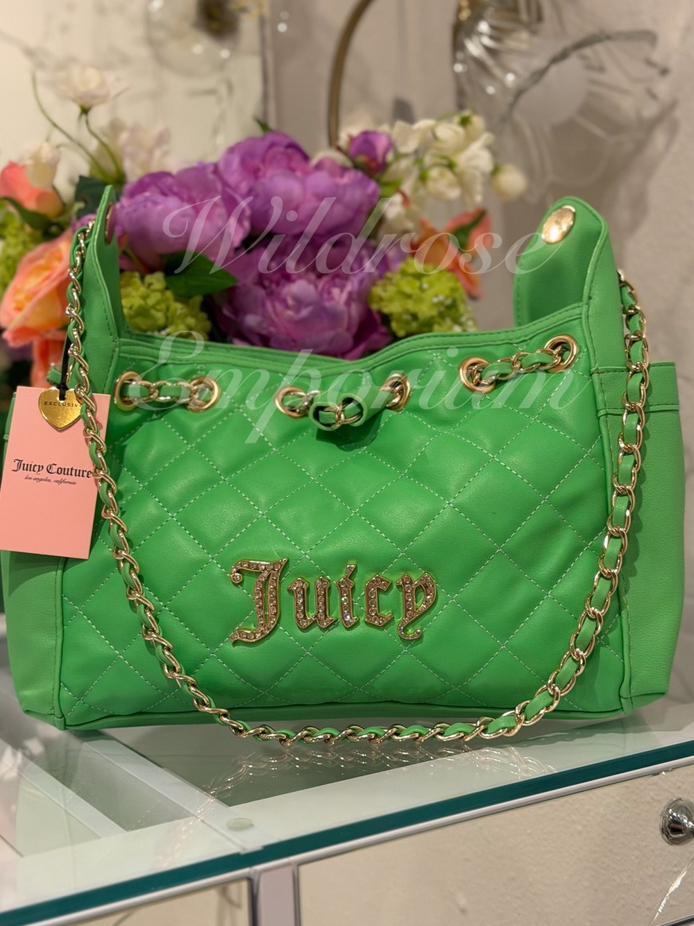 New Juicy Couture Fashion Icon Angel Bucket Tote bag Green Gold Chain Quilted